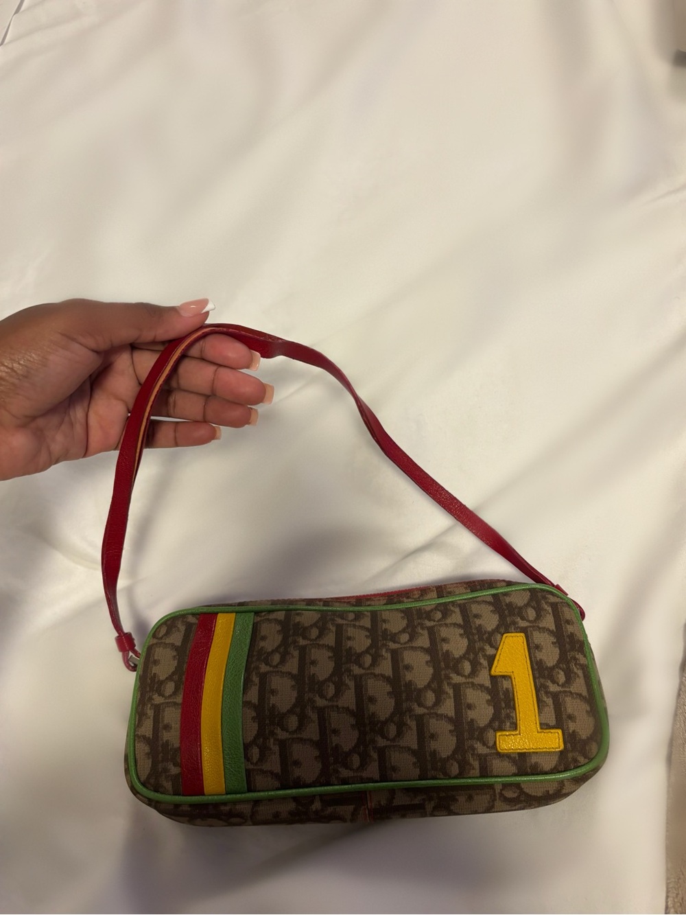 Dior Brown Monogram Shoulder Bag with Red Strap and Yellow Patch - Picture 4 of 6